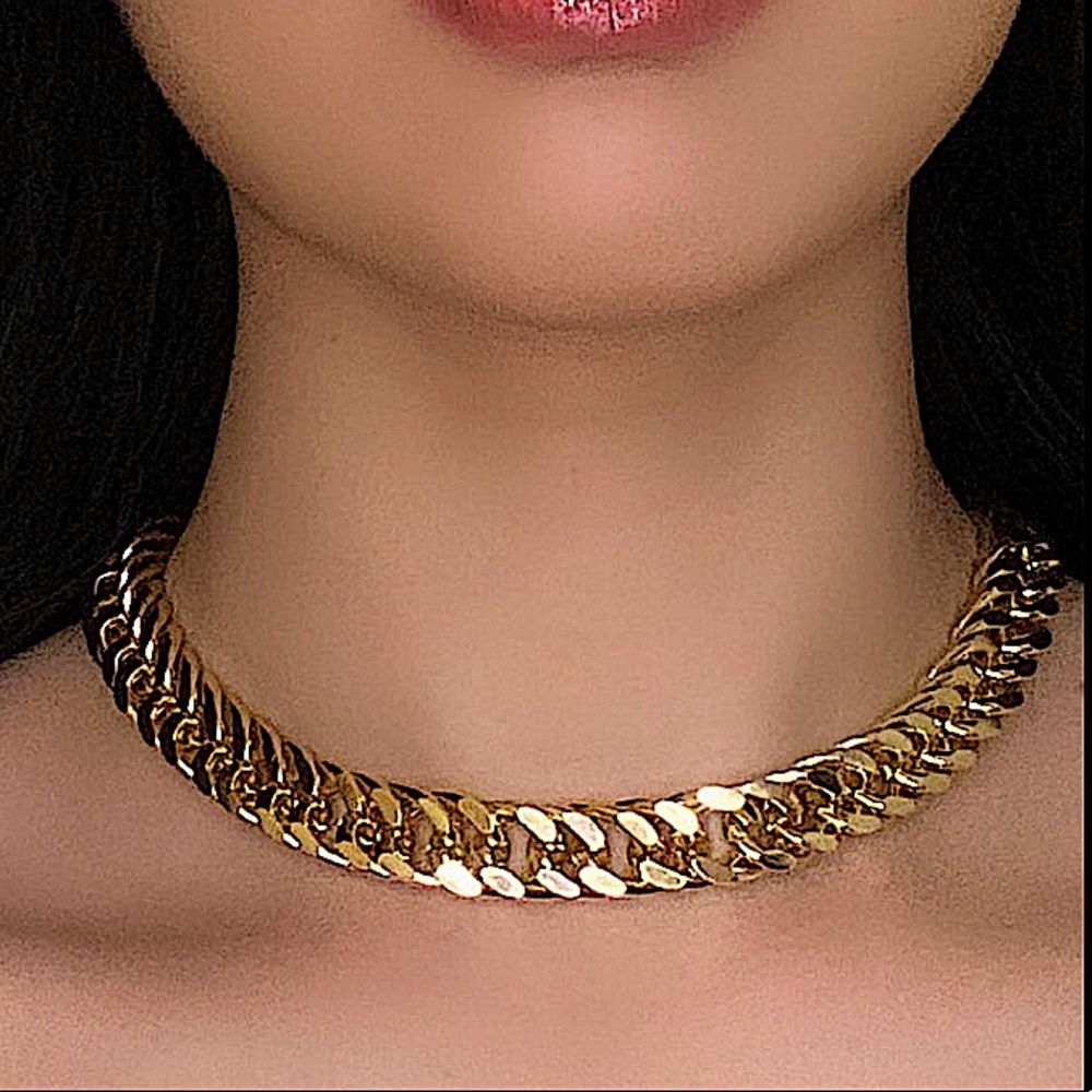 Gold Chain Link Exaggerated Cuban Choker Matching Bracelet Set - Picture 6 of 15